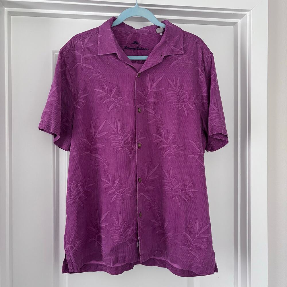 Tommy Bahama Purple Palm 100% Silk Camp Shirt Size L Vacation Cruise Tropical